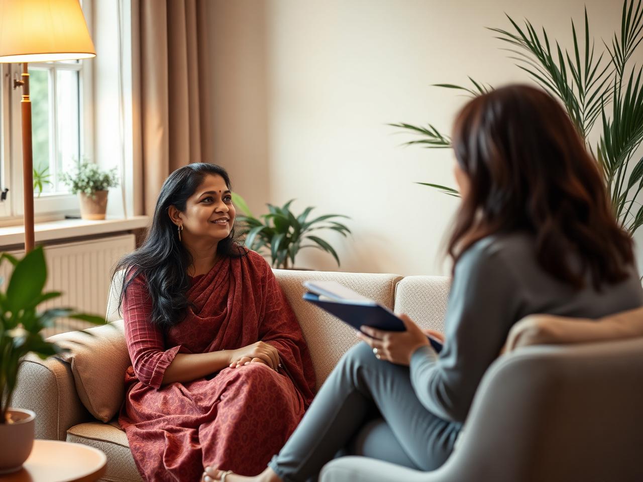 A woman speaking with a female counsellor in a private consultation room