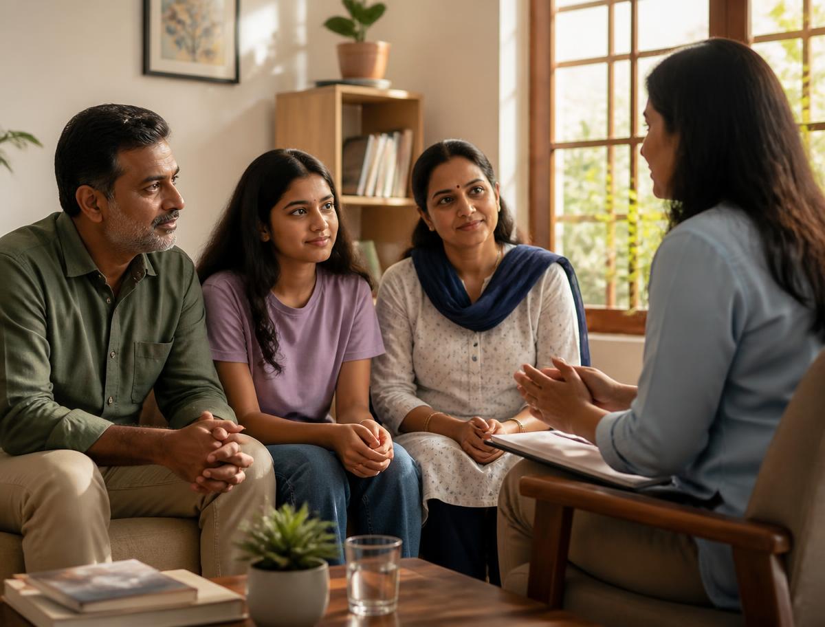 A parent talking calmly with a teenager alongside a counsellor