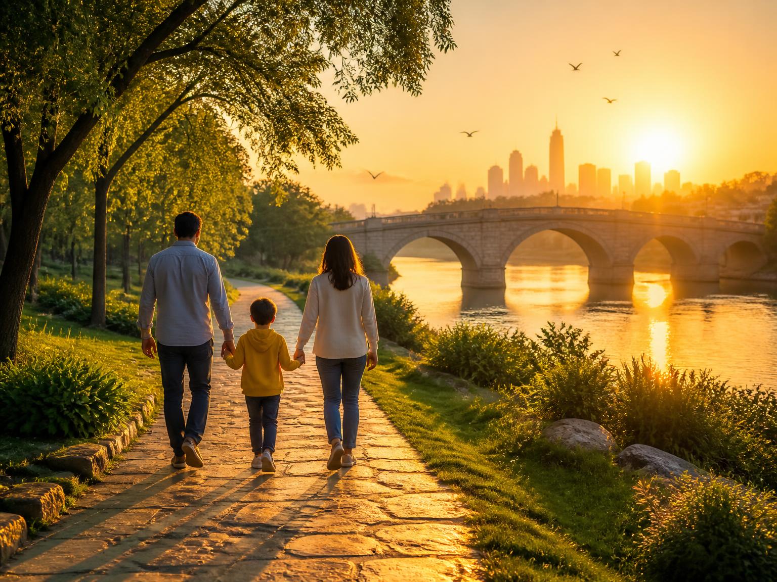 A family walking together along a sunlit riverside path towards a stone bridge at sunrise