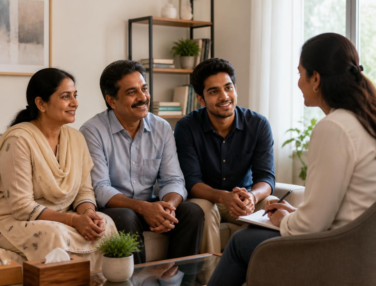 A family sitting with a counsellor in a calm consultation room